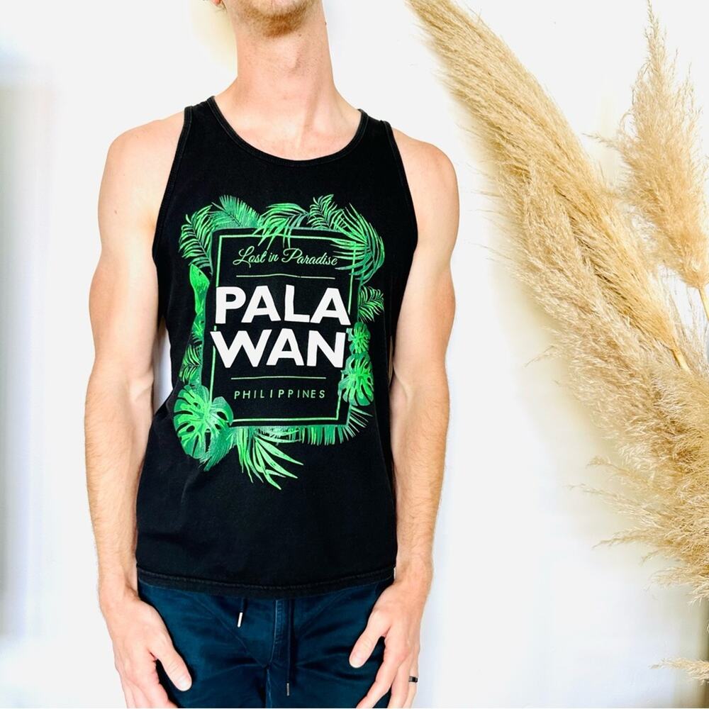UNISEX PALA WAN Philippines Black White Green Tropical Screen Print Tank Top L